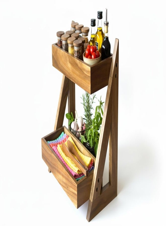 WOODKIT Multipurpose Wooden Triangluar Spice Rack | Kitchen Countertop Organizer | 2-Tiered Shelf Kitchen Storage Organizer Shelves | Jars And Bottle Holder & Decor Item Acacia Wood (Modern) - Image 3